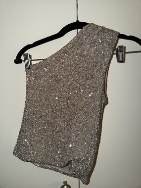 Zara Metallic Sequin One-Shoulder Tank Top - Silver